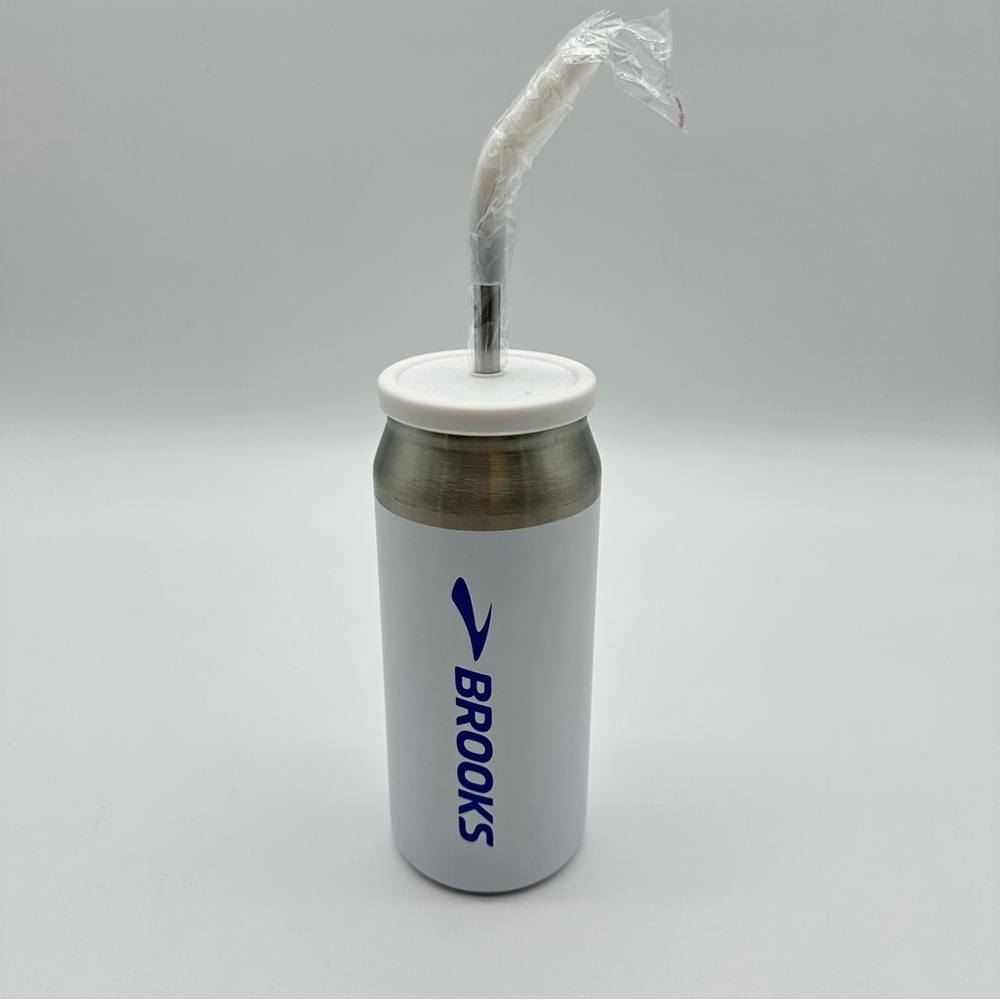 Brooks White and Silver Metal Tumbler with Straw
